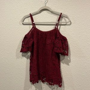 Burgundy tank top with off the shoulder appliqués